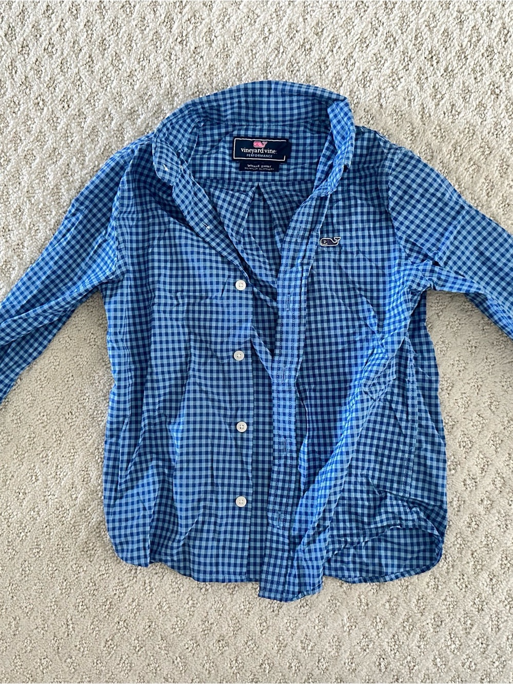 Vineyard Vines Boys Performance Whale Shirt Blue Gingham Check Size 5